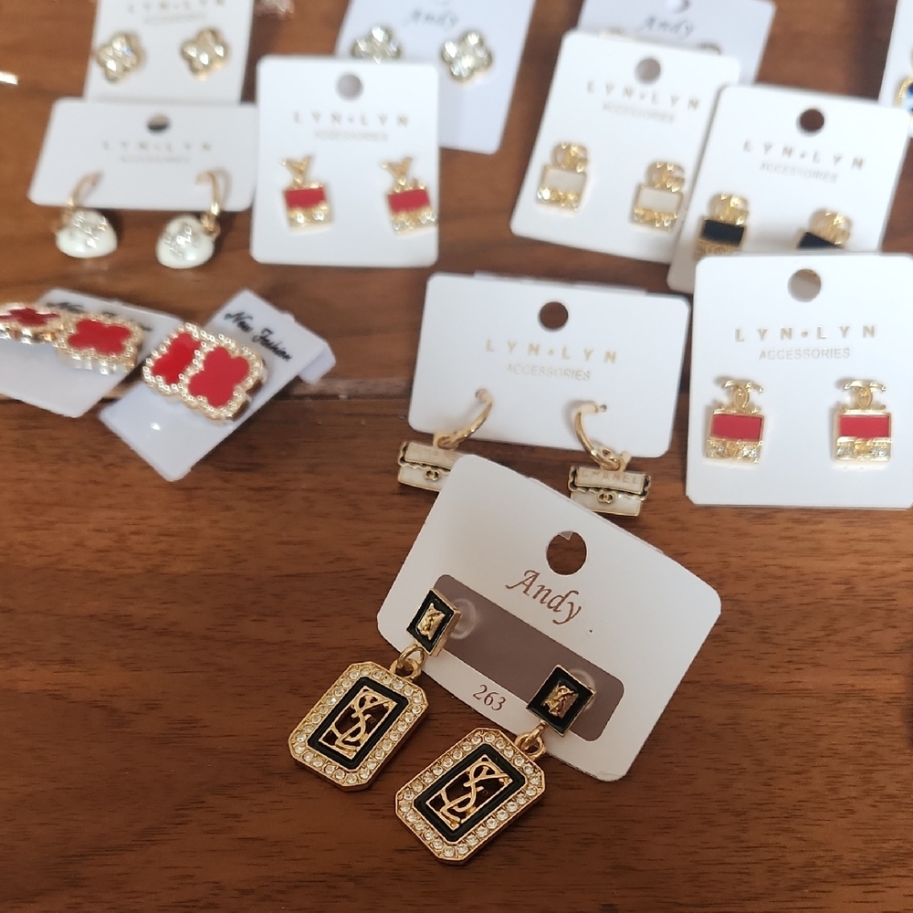 Gold and Black Logo Drop Earrings